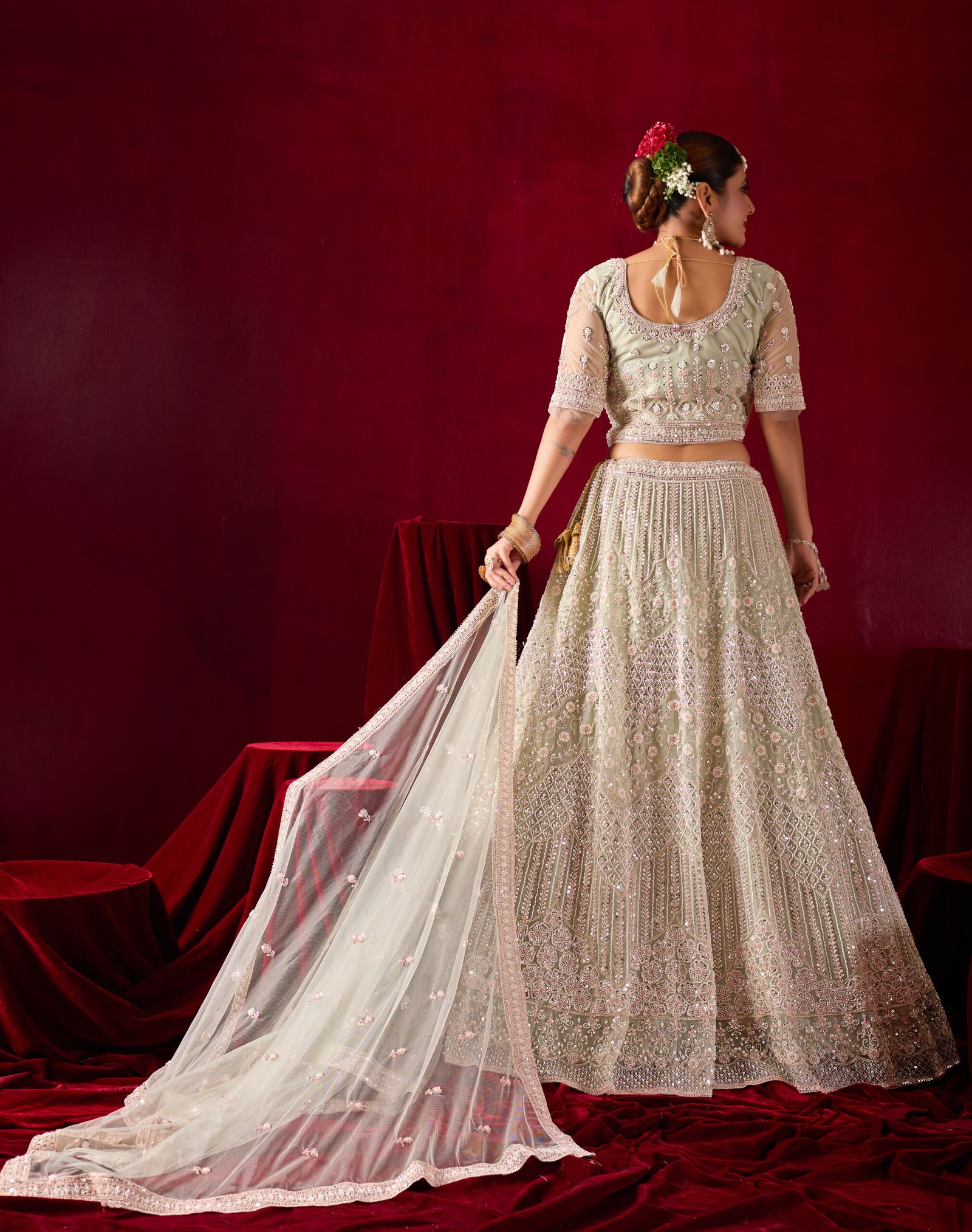 Embroidered Sand Cream Beads Lehenga - Image 8