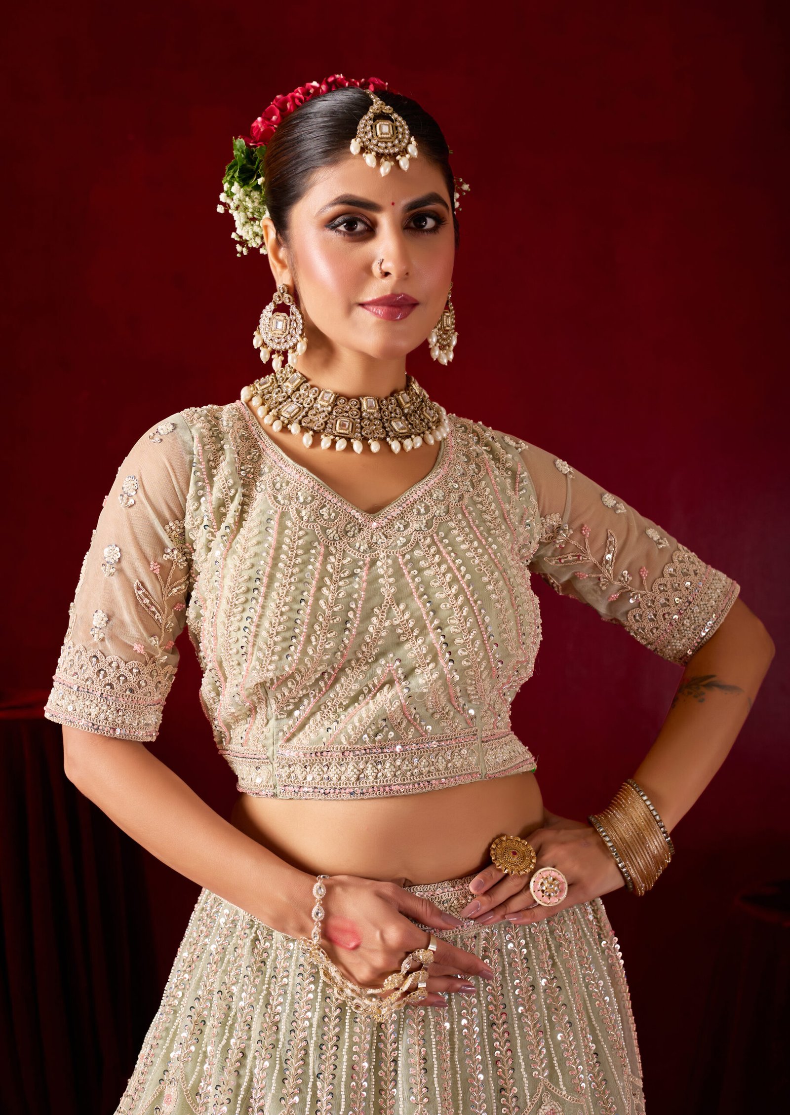 Embroidered Sand Cream Beads Lehenga - Image 7
