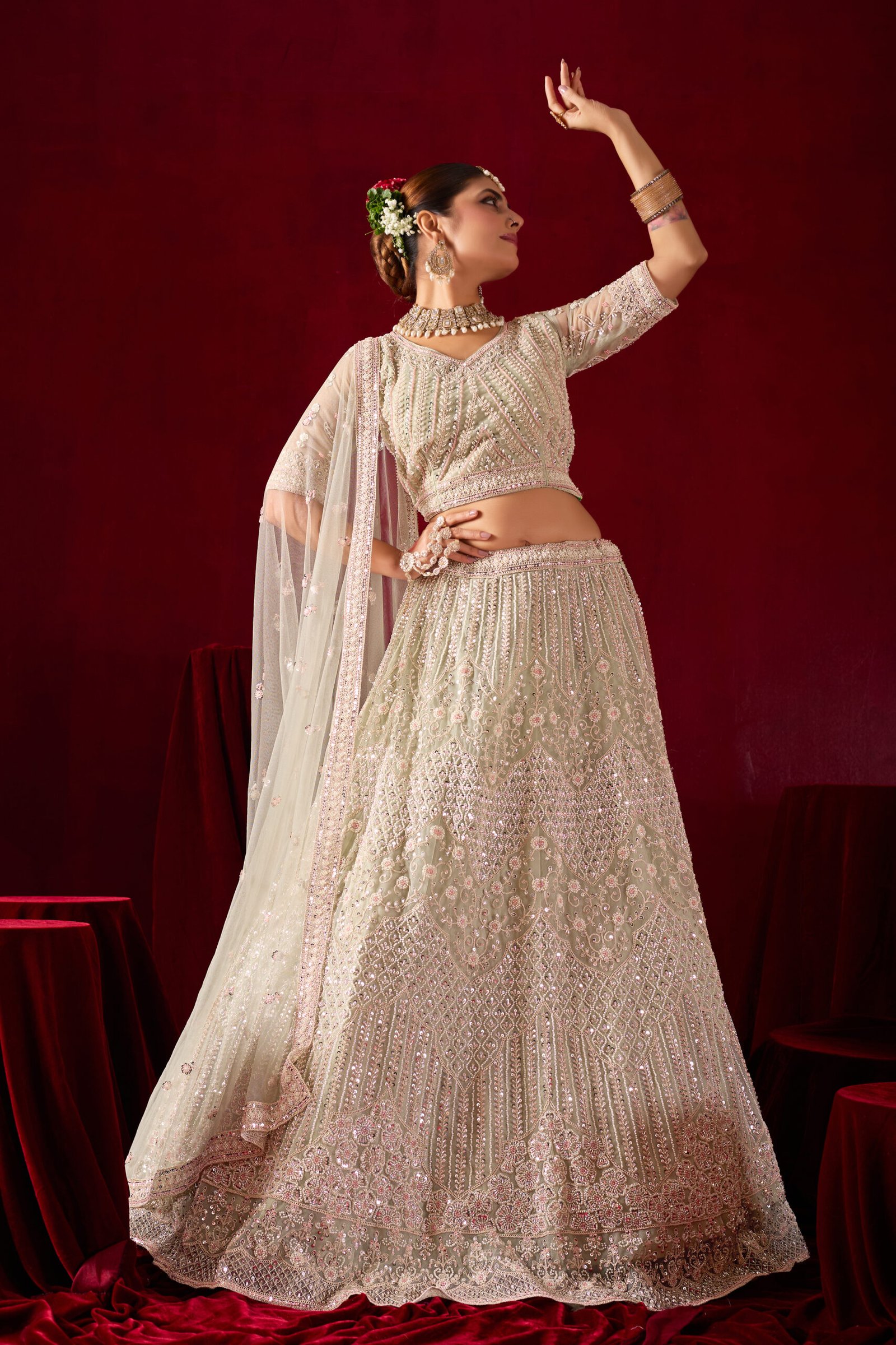 Embroidered Sand Cream Beads Lehenga - Image 6