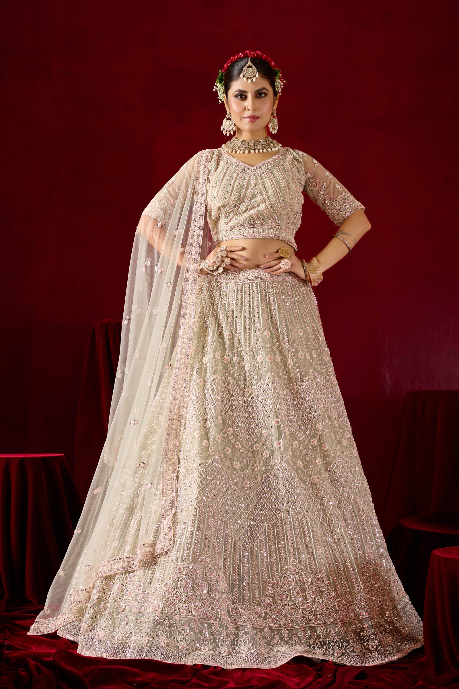 Embroidered Sand Cream Beads Lehenga - Image 5