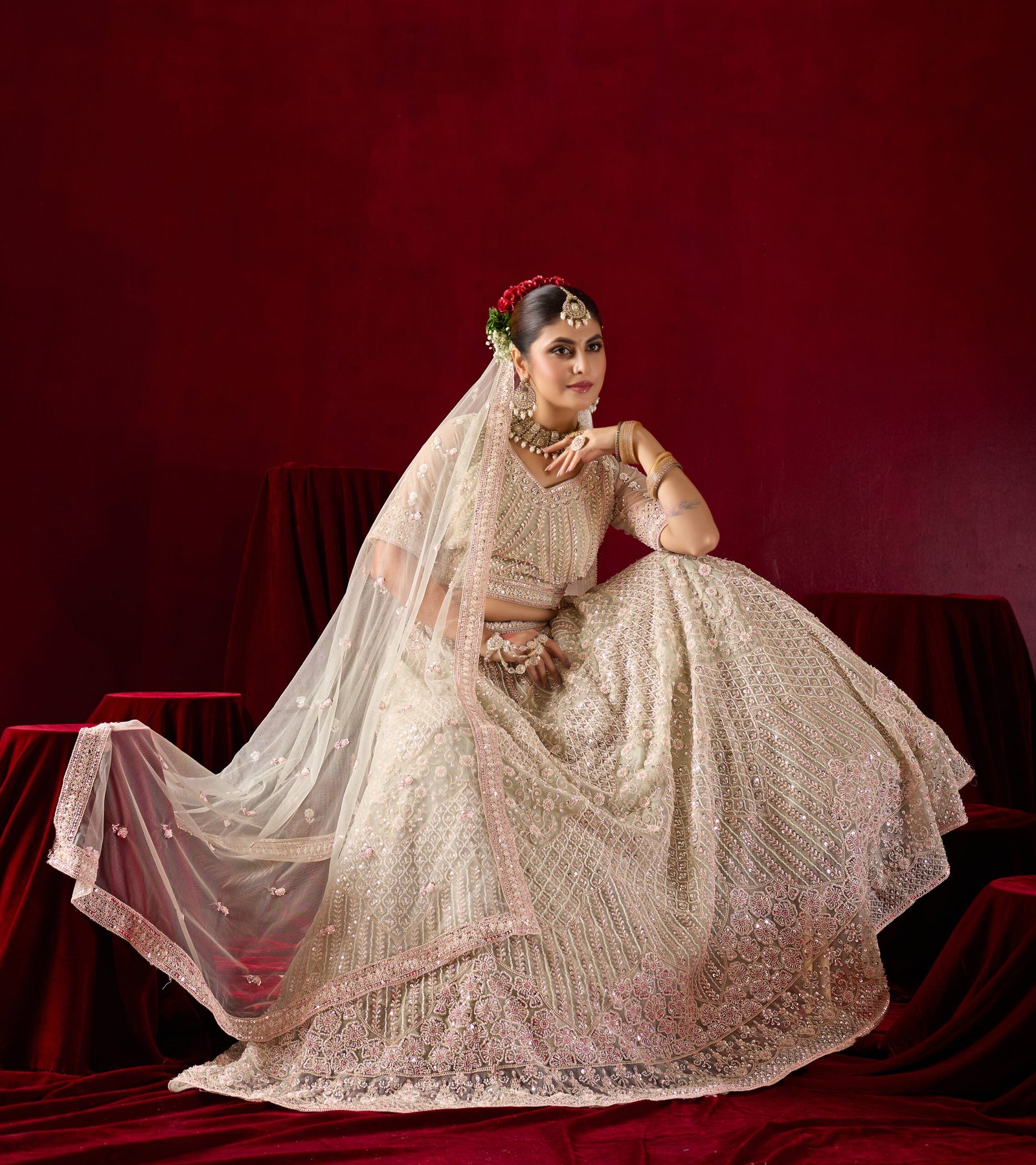 Embroidered Sand Cream Beads Lehenga - Image 4