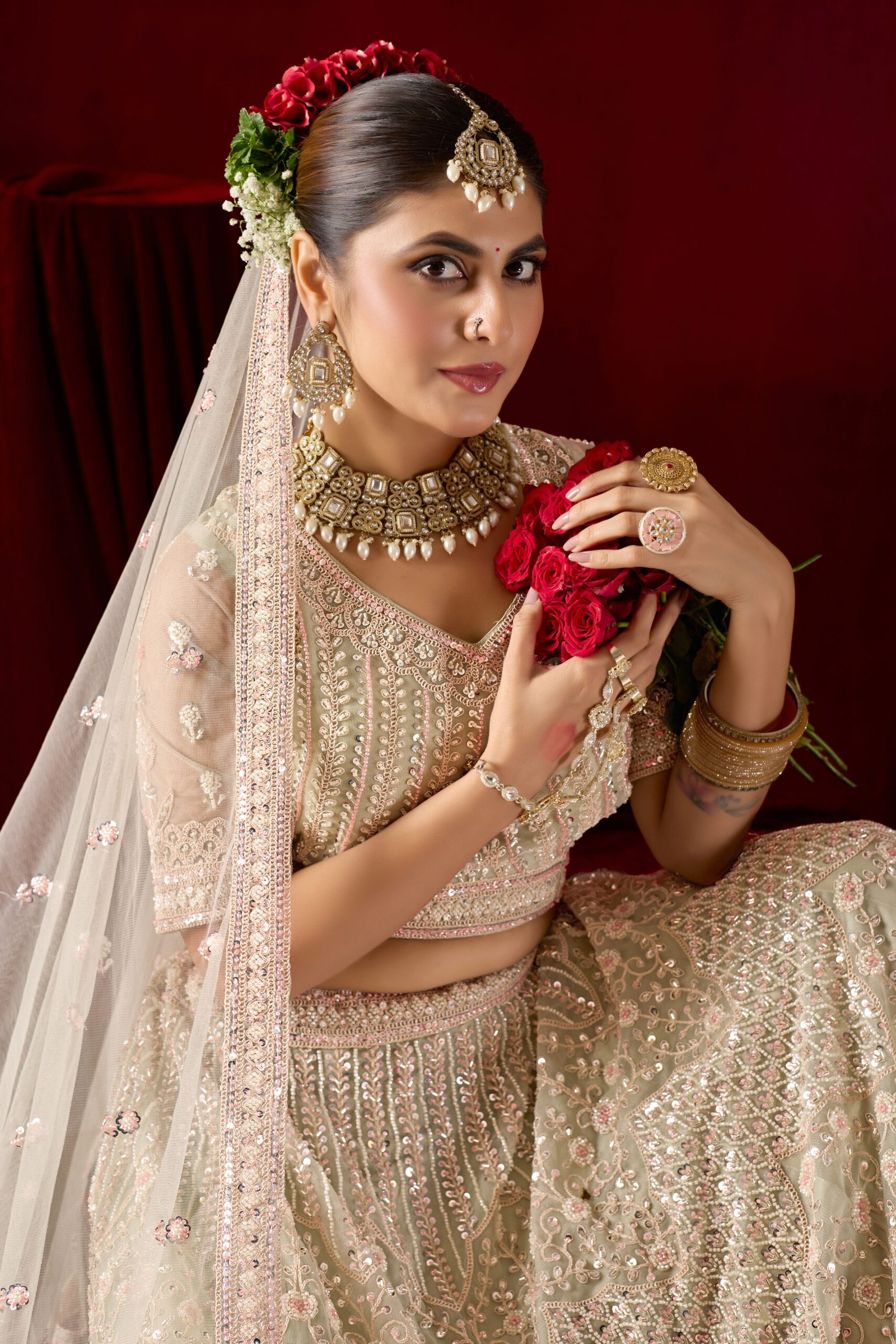 Embroidered Sand Cream Beads Lehenga - Image 3