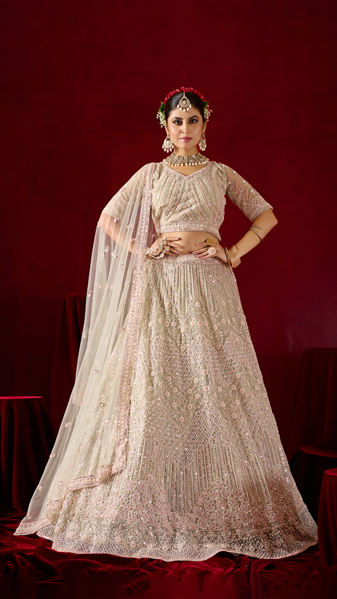 Embroidered Sand Cream Beads Lehenga