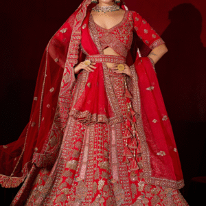 Red Heavy Zari Embroidered Bridal Lehenga with Waist Belt and Dupatta