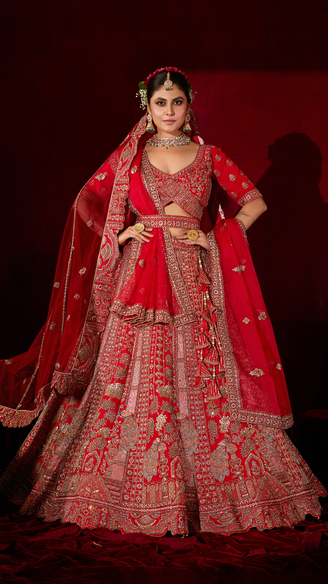 Red Heavy Zari Embroidered Bridal Lehenga with Waist Belt and Dupatta