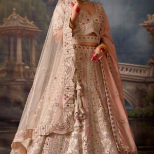 Off-White Pink Heavy Embroidery Silk Bridal Lehenga
