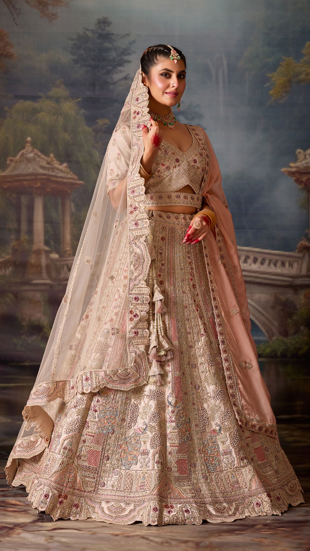 Off-White Pink Heavy Embroidery Silk Bridal Lehenga