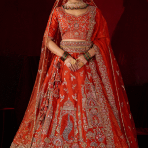 Orange Silk Bridal Lehenga with Golden Embroidery & Net Dupatta