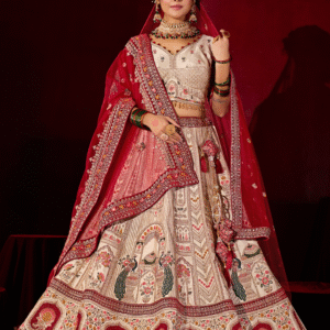 Off-White Heavy Embroidered Silk Bridal Lehenga with Red Dupatta