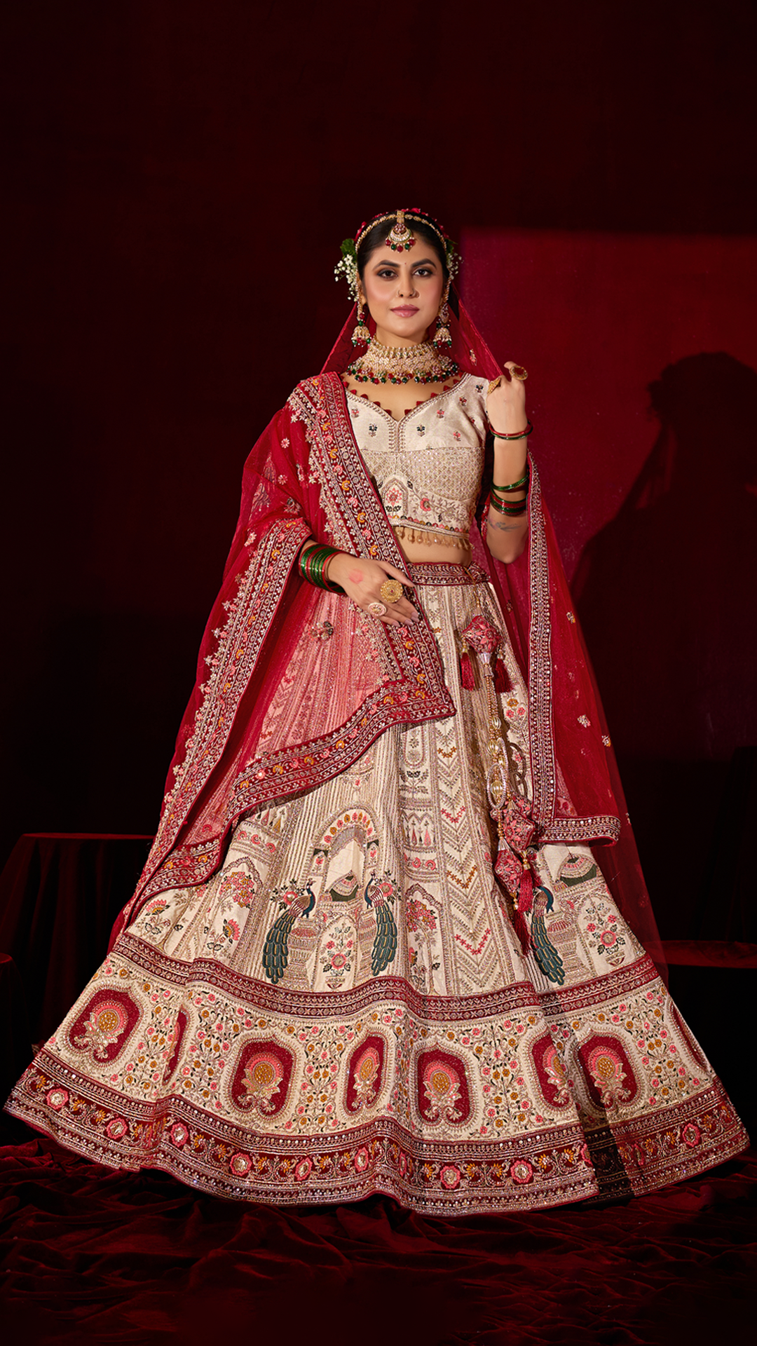 Off-White Heavy Embroidered Silk Bridal Lehenga with Red Dupatta