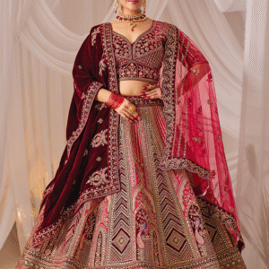 Wine & Pink Heavy Embroidered Bridal Lehenga with Velvet Dupatta