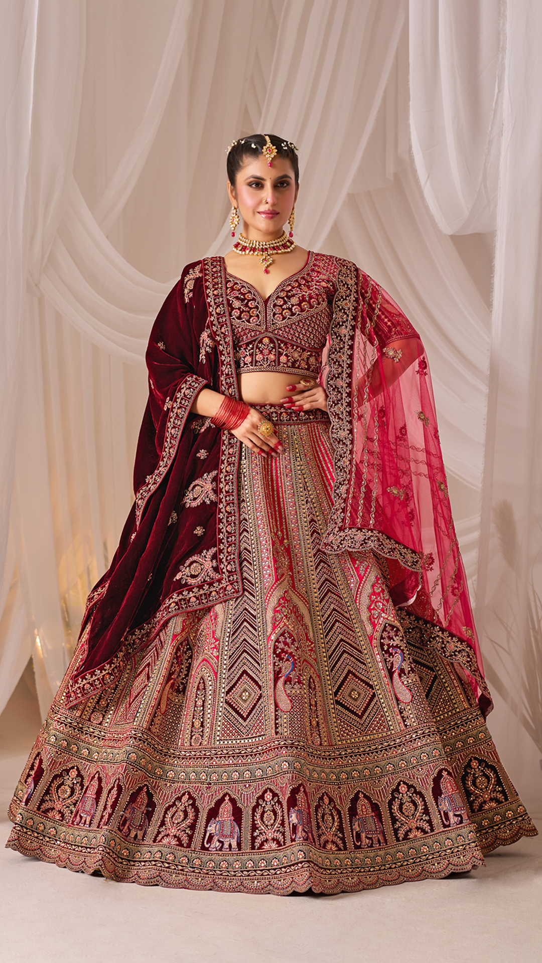 Wine & Pink Heavy Embroidered Bridal Lehenga with Velvet Dupatta