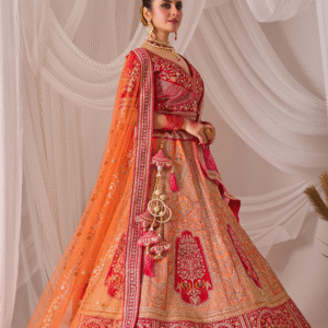 Red & Orange Heavy Embroidered Bridal Lehenga