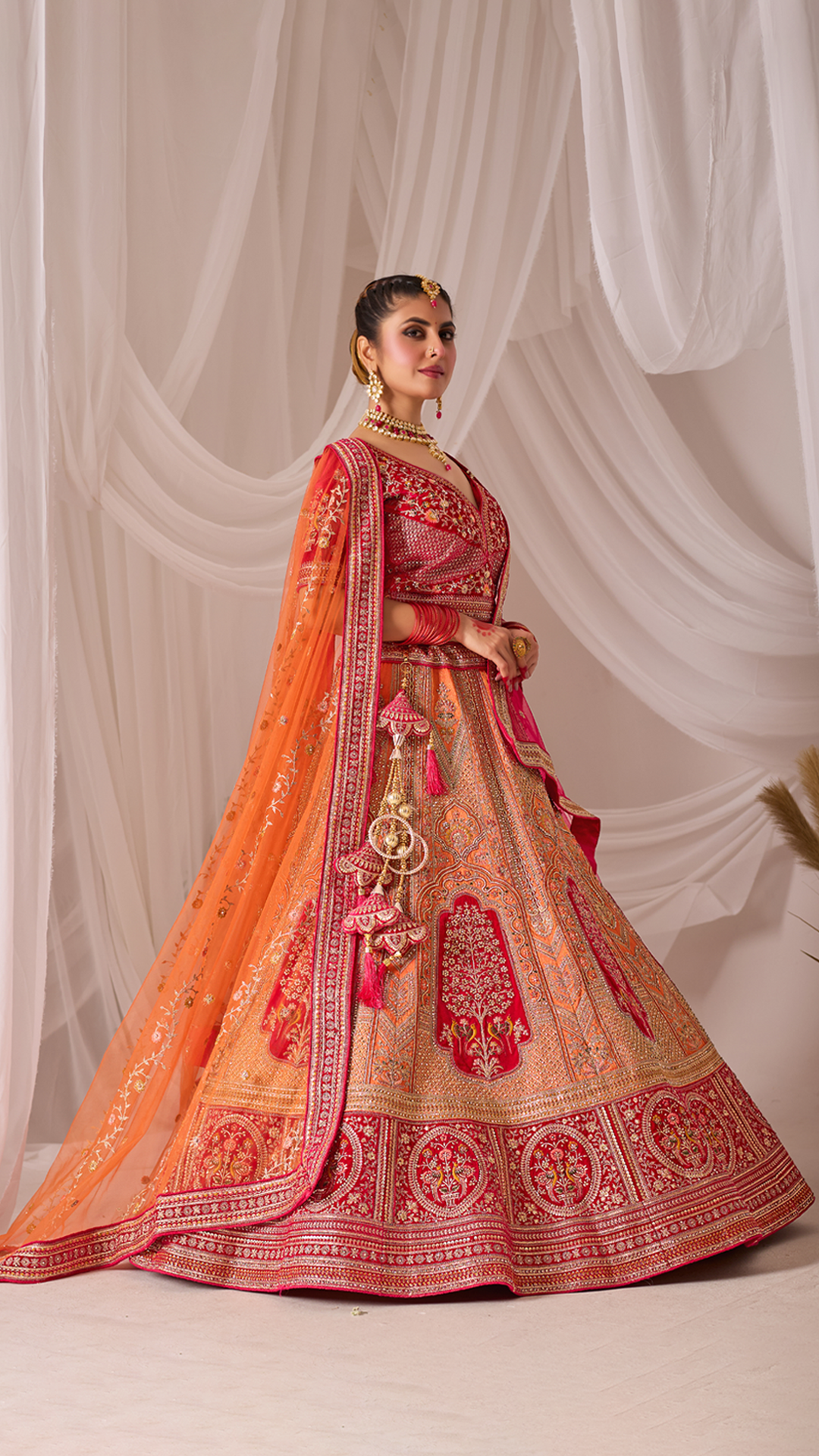 Red & Orange Heavy Embroidered Bridal Lehenga