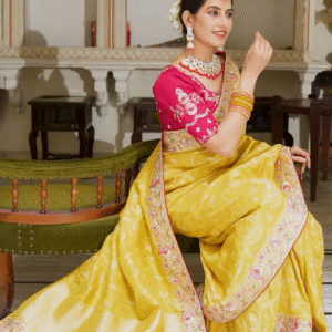 Bright Yellow Silk Saree with Pink Embroidered Blouse