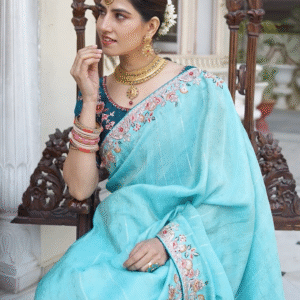 LIGHT BLUE SAREE WITH EMBROIDERY WORK