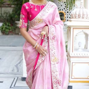 Light Pink Embroidered Silk Saree